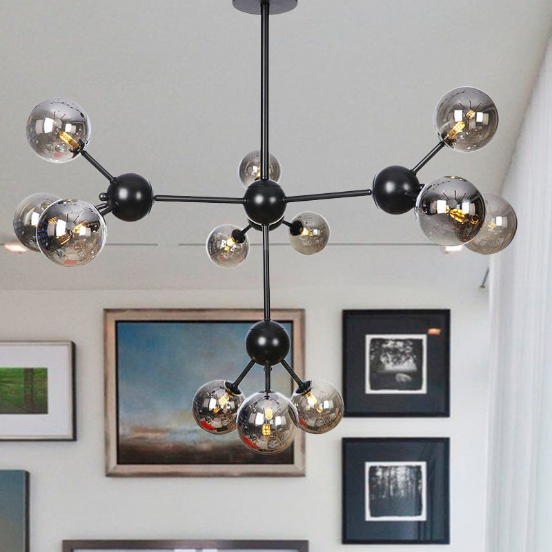 Industrial Orb Chandelier Lamp with Sputnik Design, Amber/Clear/Smoke Gray Glass, 3/9/12 Lights, 13"/27.5"/34" Wide