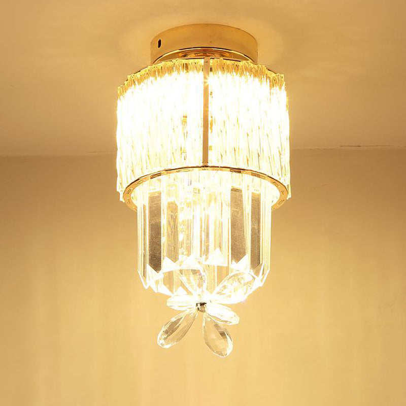 Gold Semi Flush LED Hallway Ceiling Light with K9 Crystal Cylinder Shade