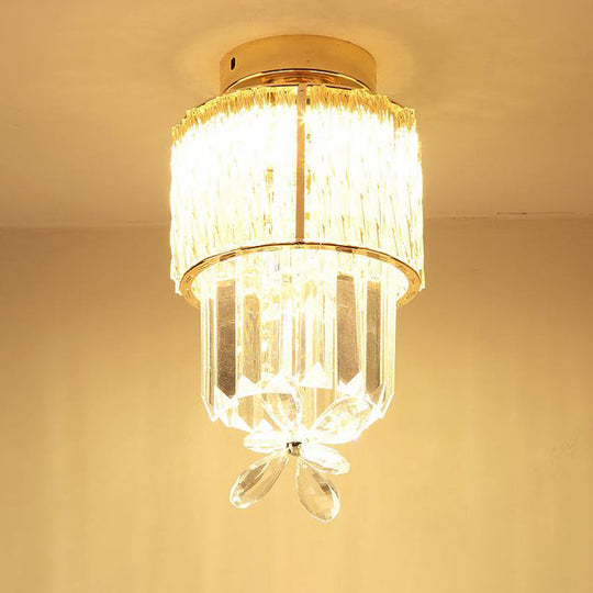 Gold Semi Flush Led Hallway Ceiling Light With K9 Crystal Cylinder Shade