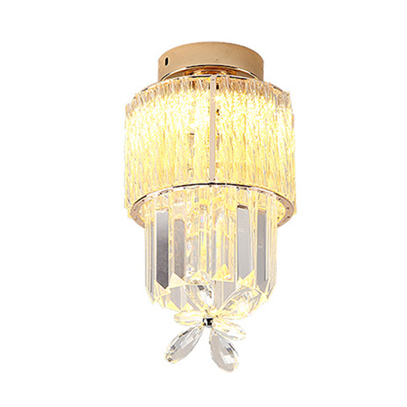 Gold Semi Flush LED Hallway Ceiling Light with K9 Crystal Cylinder Shade