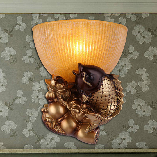 Gold Fish Lodge Style Wall Sconce With Ribbed Glass Shade - Bedroom Lighting