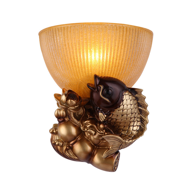 Gold Fish Lodge Style Wall Sconce With Ribbed Glass Shade - Bedroom Lighting