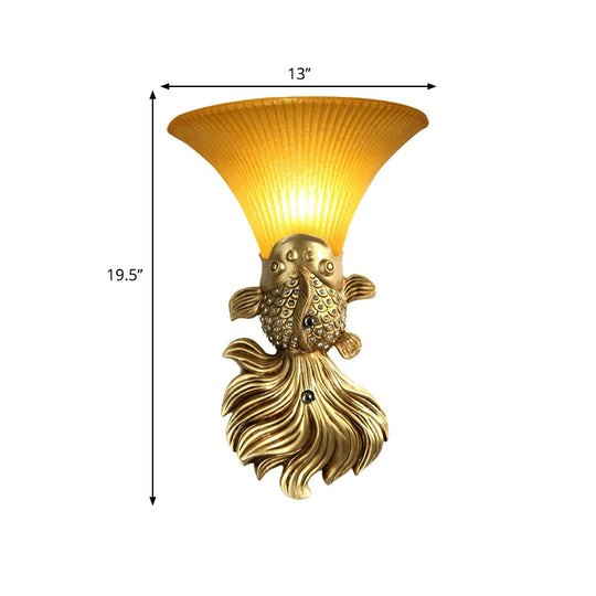 Stylish Resin Fish Shape Wall Mount Light - Red/Gold 1-Light Sconce Fixture With Amber Glass Bell