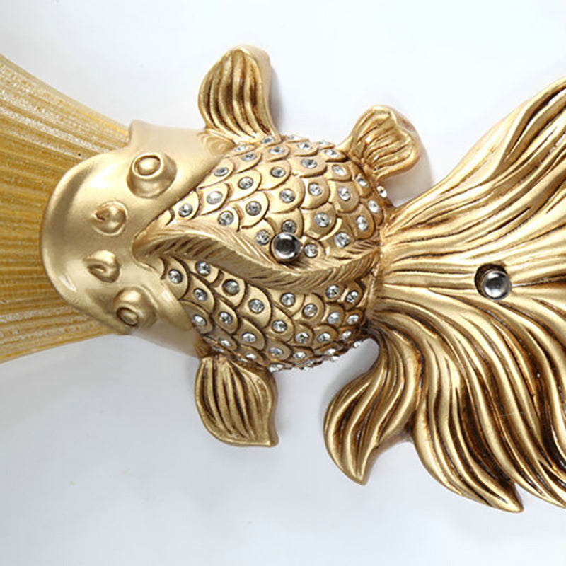 Stylish Resin Fish Shape Wall Mount Light - Red/Gold 1-Light Sconce Fixture With Amber Glass Bell