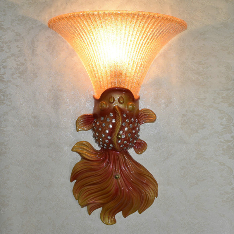 Stylish Resin Fish Shape Wall Mount Light - Red/Gold 1-Light Sconce Fixture With Amber Glass Bell