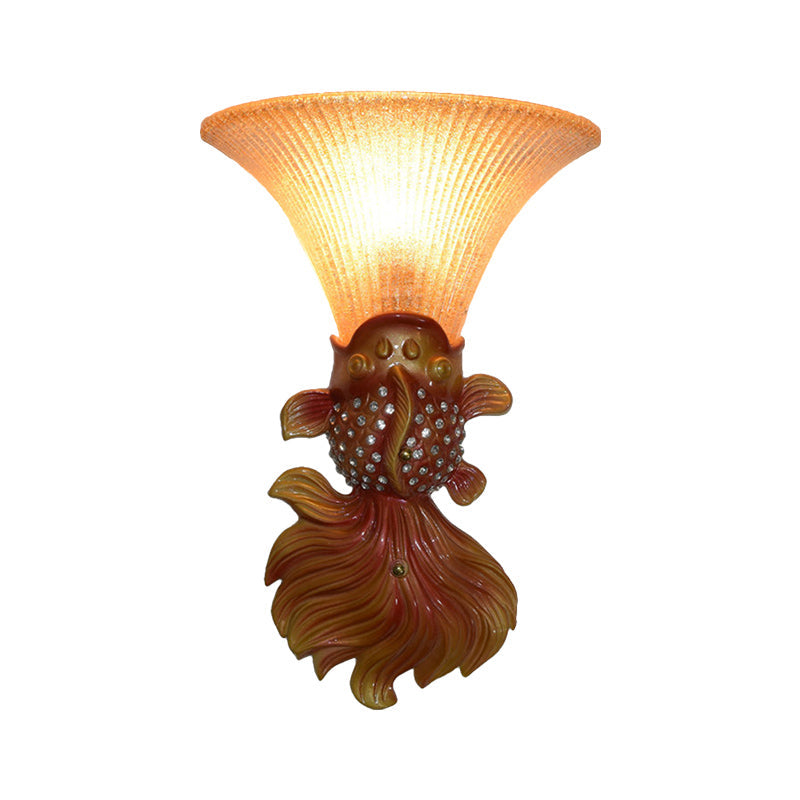 Stylish Resin Fish Shape Wall Mount Light - Red/Gold 1-Light Sconce Fixture With Amber Glass Bell