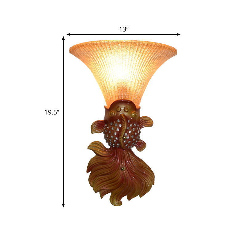 Stylish Resin Fish Shape Wall Mount Light - Red/Gold 1-Light Sconce Fixture With Amber Glass Bell