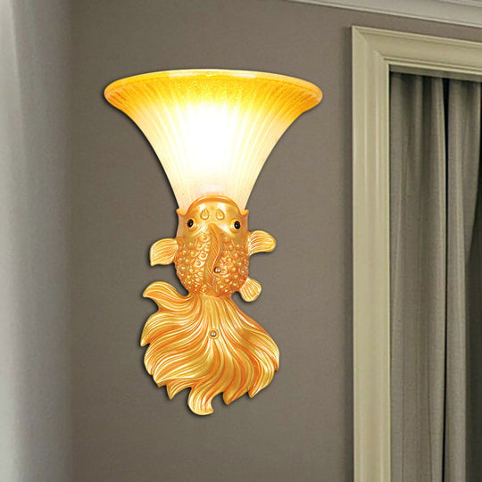 Fish Resin Wall Sconce - Red/Gold Finish With Amber Glass Bell Shade For Country Restaurants