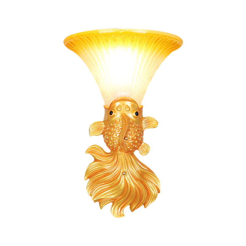 Fish Resin Wall Sconce - Red/Gold Finish With Amber Glass Bell Shade For Country Restaurants