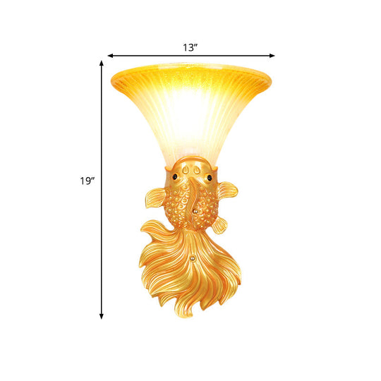 Fish Resin Wall Sconce - Red/Gold Finish With Amber Glass Bell Shade For Country Restaurants