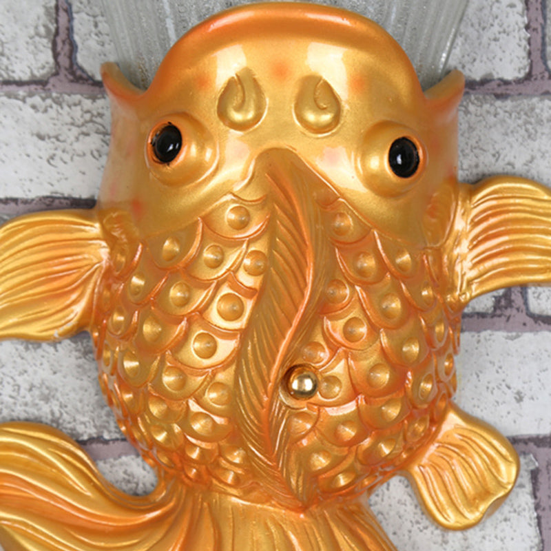 Fish Resin Wall Sconce - Red/Gold Finish With Amber Glass Bell Shade For Country Restaurants