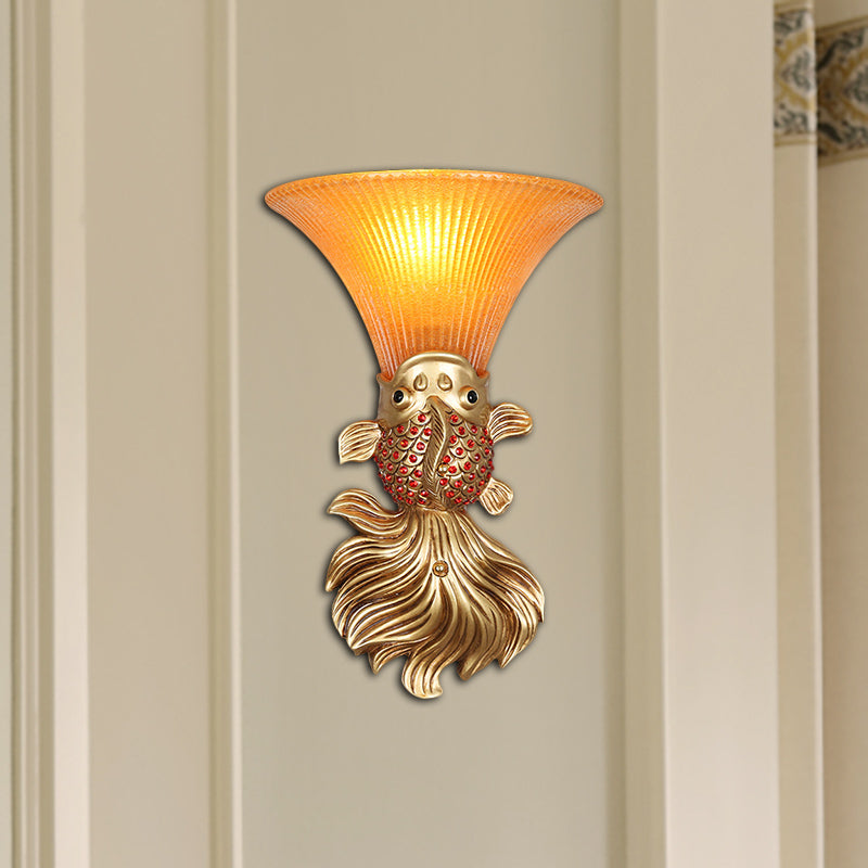 Fish Resin Wall Sconce - Red/Gold Finish With Amber Glass Bell Shade For Country Restaurants Red