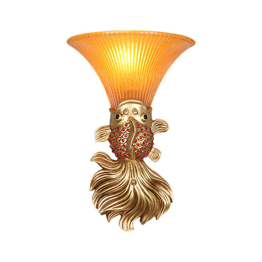 Fish Resin Wall Sconce - Red/Gold Finish With Amber Glass Bell Shade For Country Restaurants