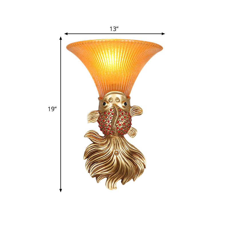 Fish Resin Wall Sconce - Red/Gold Finish With Amber Glass Bell Shade For Country Restaurants