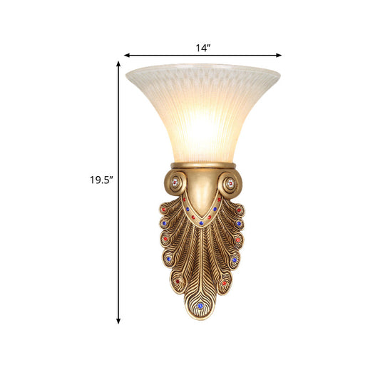 Golden Peacock Tail Wall Sconce - Stylish Country Lamp With Opal Glass Shade