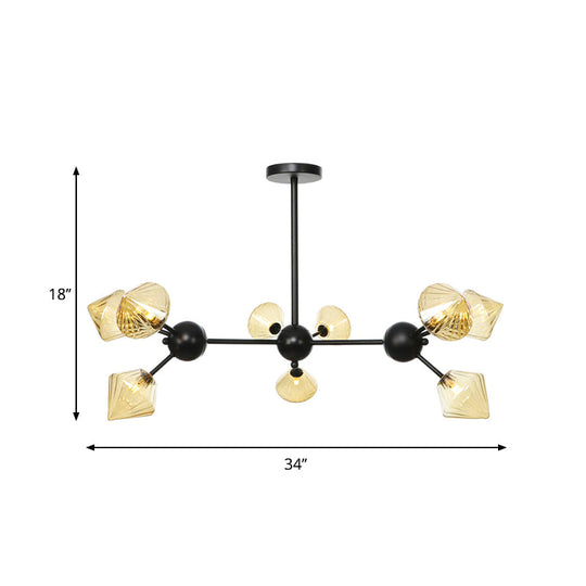 Modern Warehouse Style Chandelier Lamp with Diamond Design - 13"/27.5"/34" Width, Amber/Clear Glass, 3/9/12 Heads - Pendant Lighting for Living Room