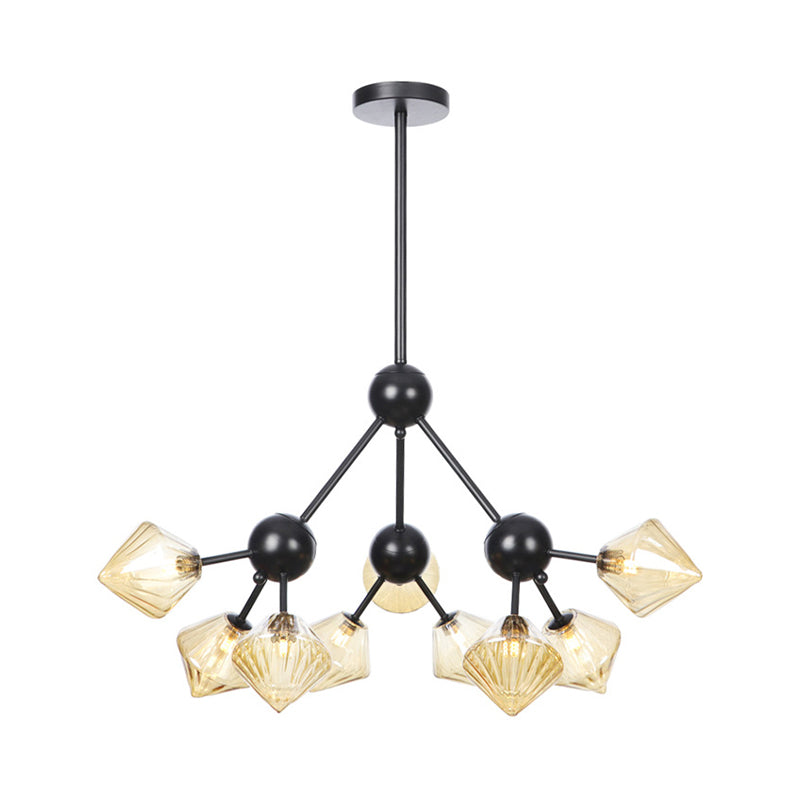 Modern Warehouse Style Chandelier Lamp with Diamond Design - 13"/27.5"/34" Width, Amber/Clear Glass, 3/9/12 Heads - Pendant Lighting for Living Room