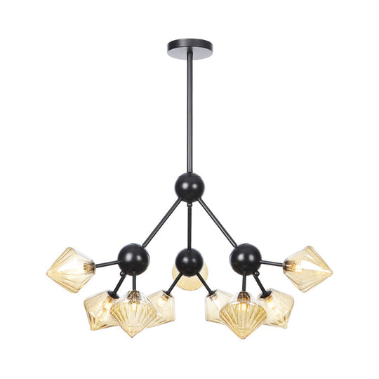 Modern Warehouse Style Chandelier Lamp with Diamond Design - 13"/27.5"/34" Width, Amber/Clear Glass, 3/9/12 Heads - Pendant Lighting for Living Room