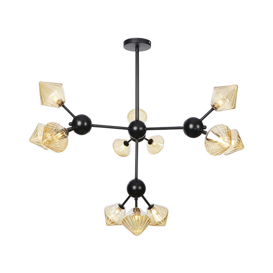 Modern Warehouse Style Chandelier Lamp with Diamond Design - 13"/27.5"/34" Width, Amber/Clear Glass, 3/9/12 Heads - Pendant Lighting for Living Room