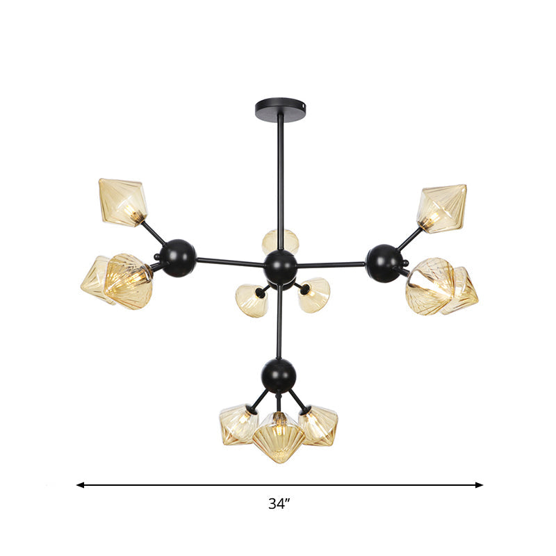 Modern Warehouse Style Chandelier Lamp with Diamond Design - 13"/27.5"/34" Width, Amber/Clear Glass, 3/9/12 Heads - Pendant Lighting for Living Room