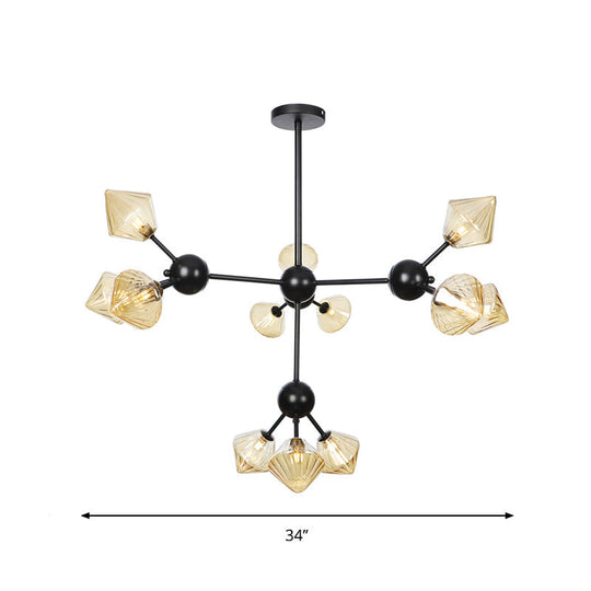 Modern Warehouse Style Chandelier Lamp with Diamond Design - 13"/27.5"/34" Width, Amber/Clear Glass, 3/9/12 Heads - Pendant Lighting for Living Room