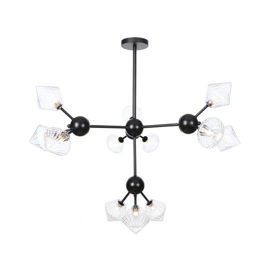 Modern Warehouse Style Chandelier Lamp with Diamond Design - 13"/27.5"/34" Width, Amber/Clear Glass, 3/9/12 Heads - Pendant Lighting for Living Room