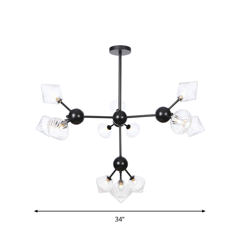 Modern Warehouse Style Chandelier Lamp with Diamond Design - 13"/27.5"/34" Width, Amber/Clear Glass, 3/9/12 Heads - Pendant Lighting for Living Room