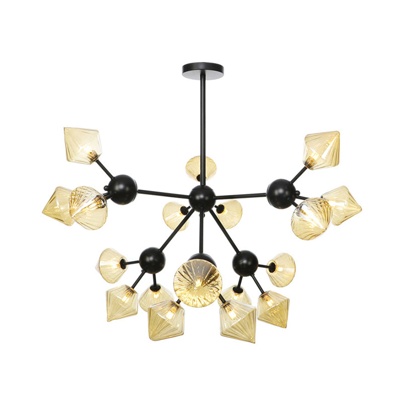 Modern Warehouse Style Chandelier Lamp with Diamond Design - 13"/27.5"/34" Width, Amber/Clear Glass, 3/9/12 Heads - Pendant Lighting for Living Room