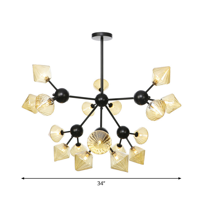 Modern Warehouse Style Chandelier Lamp with Diamond Design - 13"/27.5"/34" Width, Amber/Clear Glass, 3/9/12 Heads - Pendant Lighting for Living Room