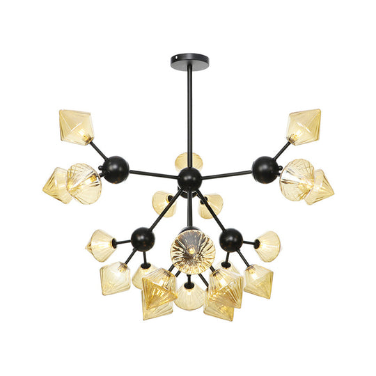 Modern Warehouse Style Chandelier Lamp with Diamond Design - 13"/27.5"/34" Width, Amber/Clear Glass, 3/9/12 Heads - Pendant Lighting for Living Room