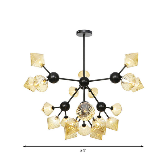 Modern Warehouse Style Chandelier Lamp with Diamond Design - 13"/27.5"/34" Width, Amber/Clear Glass, 3/9/12 Heads - Pendant Lighting for Living Room