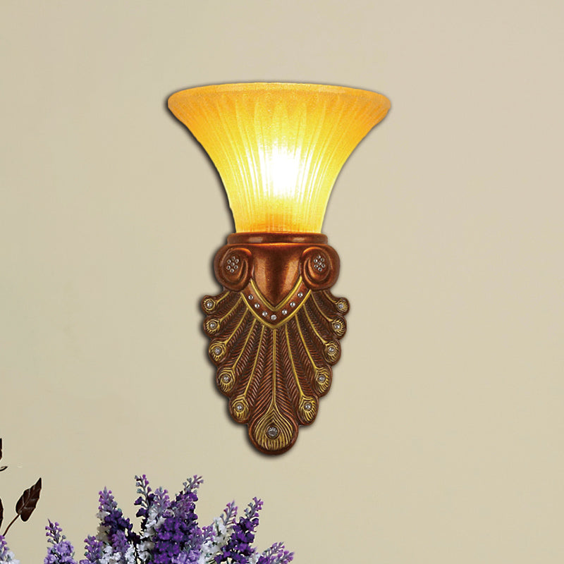 Modern Amber Glass Flared Shade Bedside Wall Sconce - 16/20.5 W Bronze Finish Peacock Tail Design