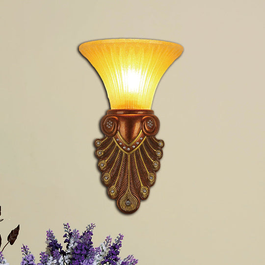 Modern Amber Glass Flared Shade Bedside Wall Sconce - 16/20.5 W Bronze Finish Peacock Tail Design