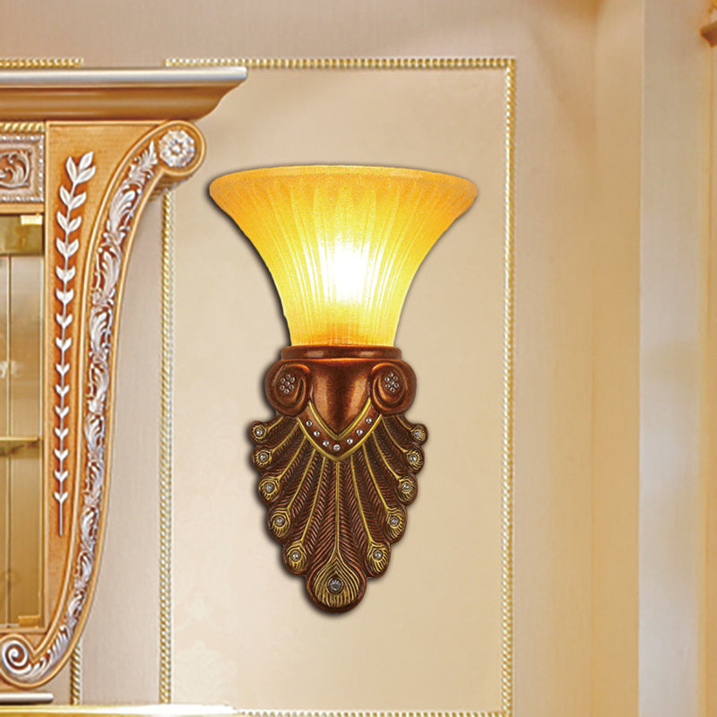 Modern Amber Glass Flared Shade Bedside Wall Sconce - 16/20.5 W Bronze Finish Peacock Tail Design