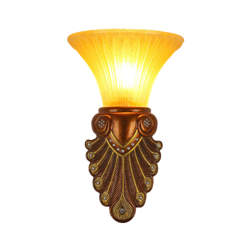 Modern Amber Glass Flared Shade Bedside Wall Sconce - 16/20.5 W Bronze Finish Peacock Tail Design