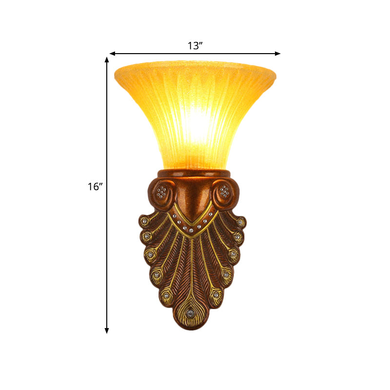 Modern Amber Glass Flared Shade Bedside Wall Sconce - 16/20.5 W Bronze Finish Peacock Tail Design