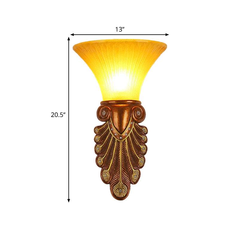 Modern Amber Glass Flared Shade Bedside Wall Sconce - 16/20.5 W Bronze Finish Peacock Tail Design