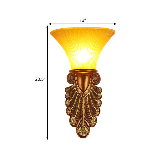 Modern Amber Glass Flared Shade Bedside Wall Sconce - 16/20.5 W Bronze Finish Peacock Tail Design