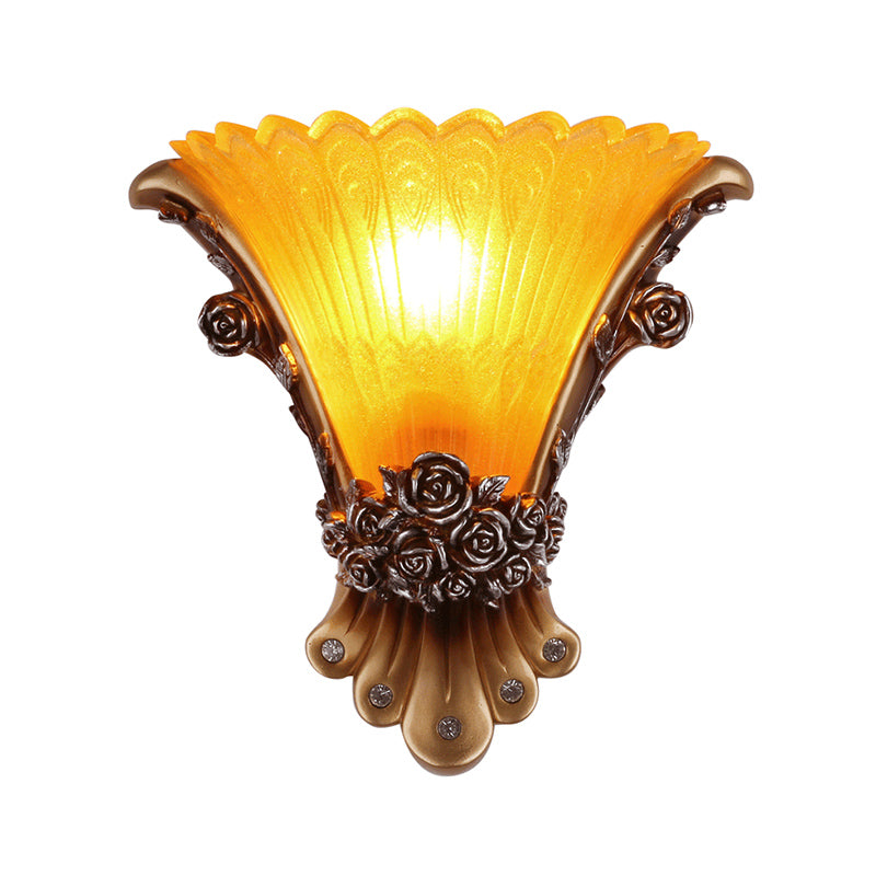 Modernist Style Yellow Glass Wall Lamp With Flared Shade - Bedroom Sconce