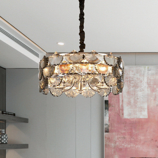 Modernist Gray Crystal Block Drum Ceiling Chandelier 6 Bulb Kitchen Pendant Lamp In Gold