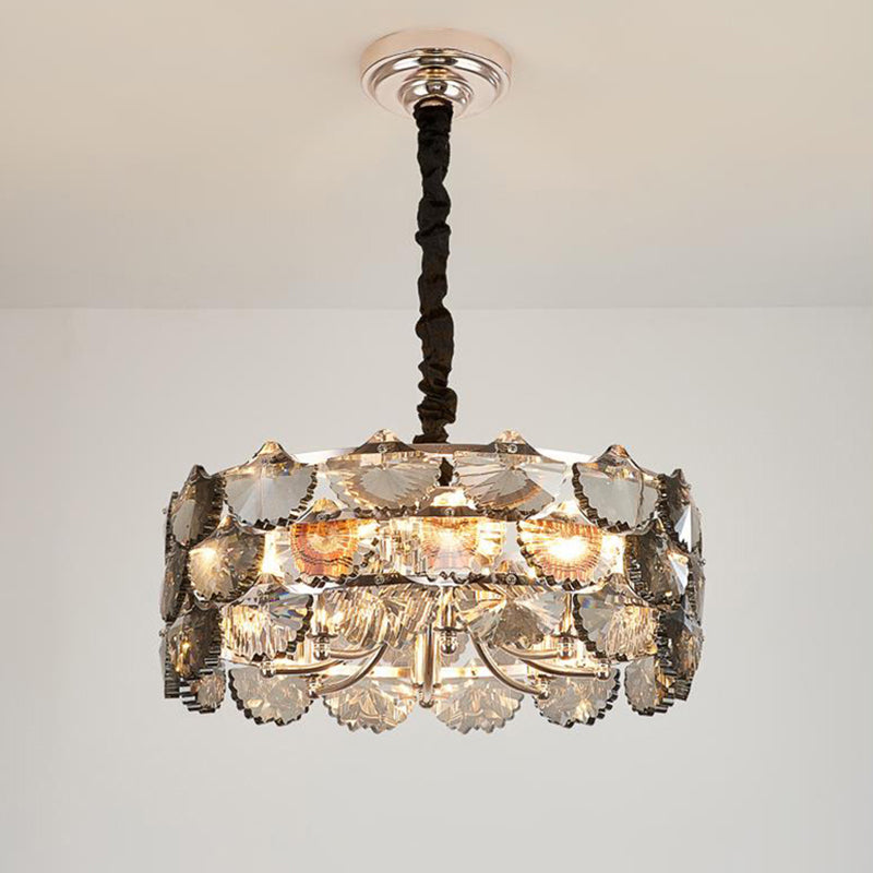 Lustre de plafond moderne en forme de tambour en cristal gris - Lampe suspendue dorée à 6 ampoules