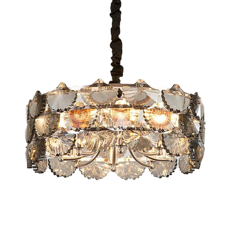 Lustre de plafond moderne en forme de tambour en cristal gris - Lampe suspendue dorée à 6 ampoules