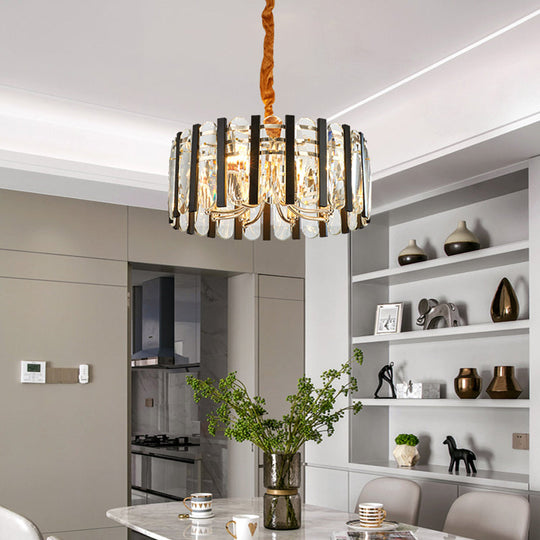 Black And Gold 6-Bulb Chandelier With Beveled Crystal Shade For Dining Room Lighting