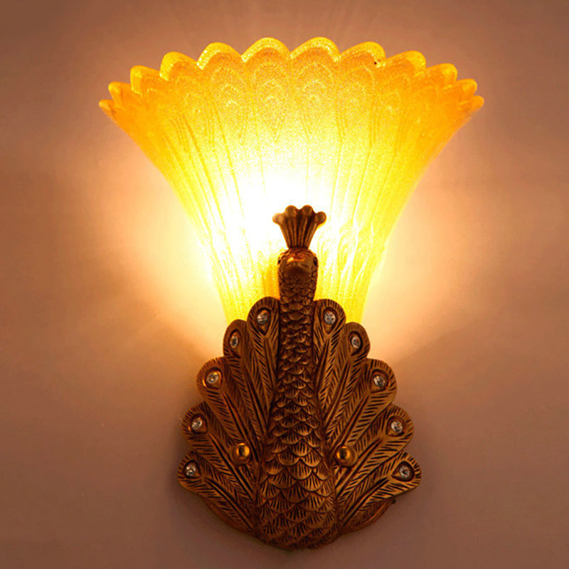 Rustic Style Peacock Wall Mount Lamp - 1 Light Red/Gold Resin With Orange Glass Scalloped Shade