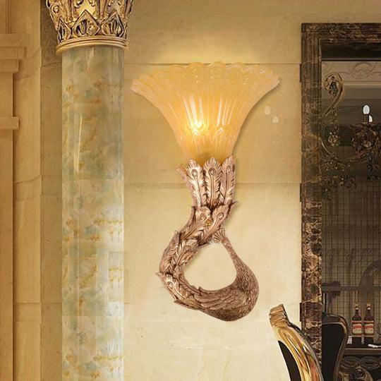 Country Style Scalloped Amber Glass Wall Lamp With Peacock Design Gold