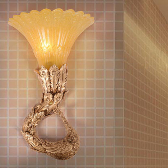 Country Style Scalloped Amber Glass Wall Lamp With Peacock Design