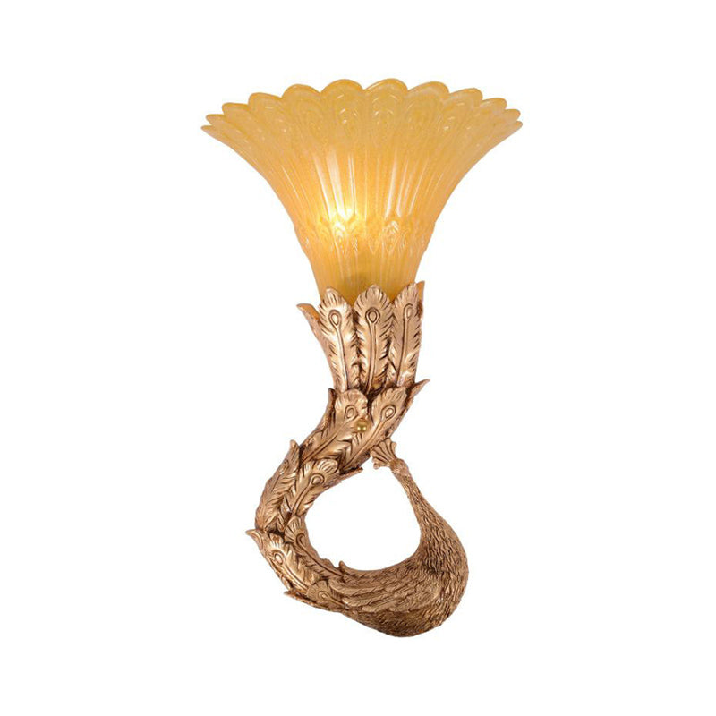 Country Style Scalloped Amber Glass Wall Lamp With Peacock Design