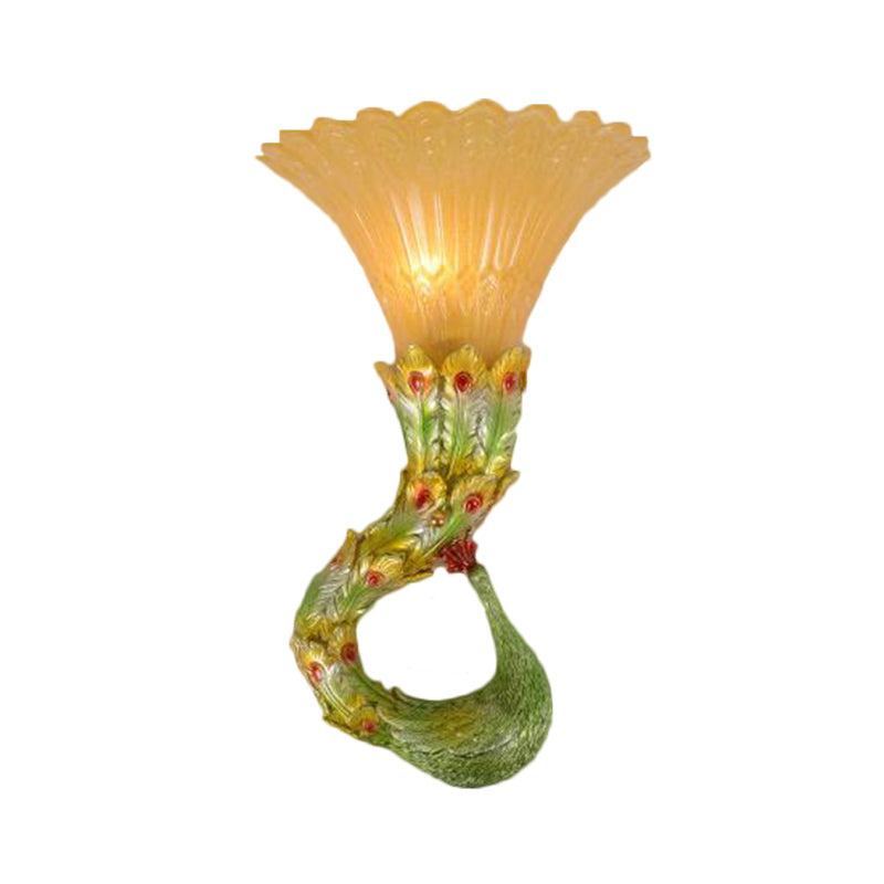 Country Style Scalloped Amber Glass Wall Lamp With Peacock Design