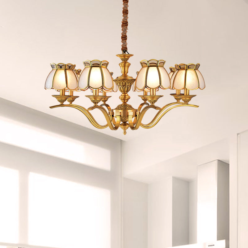 Scalloped Chandelier Pendant Lamp - Colonial Brass With Frosted Glass 6-Light Ceiling Fixture