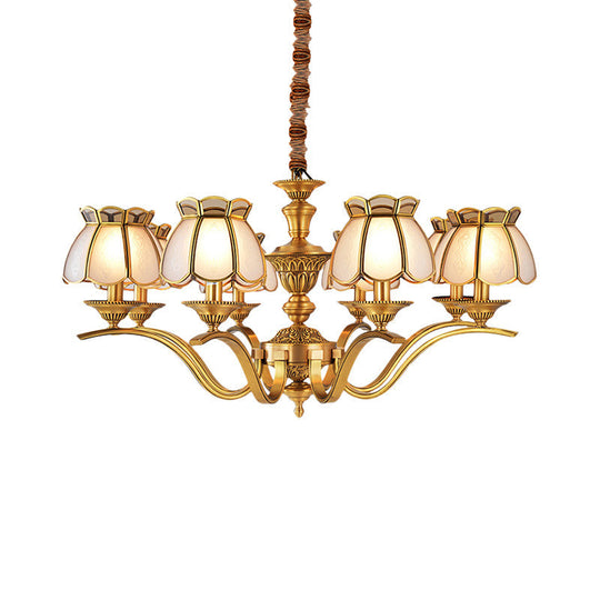 Scalloped Chandelier Pendant Lamp - Colonial Brass With Frosted Glass 6-Light Ceiling Fixture